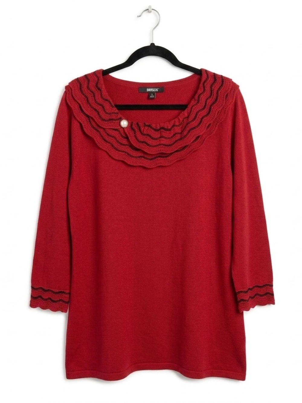 Briggs Red Ruffled Scoop Neck Long Sleeve Top with Pearl